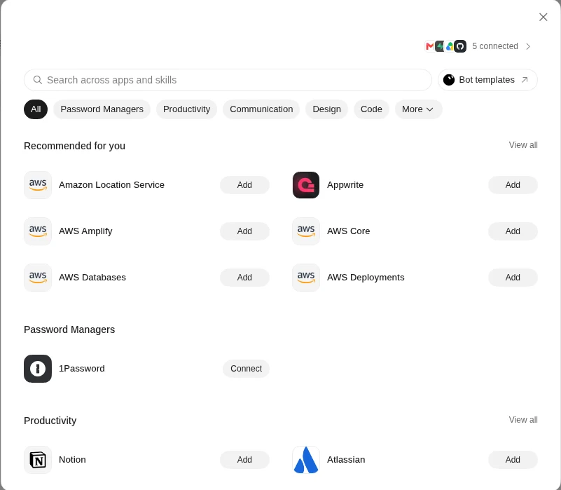 Connect apps 視窗,列出可連接的服務與分類
