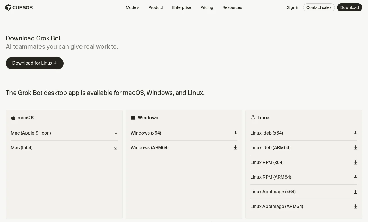 Grok Bot 官方下載頁,列出 macOS、Windows、Linux 版本