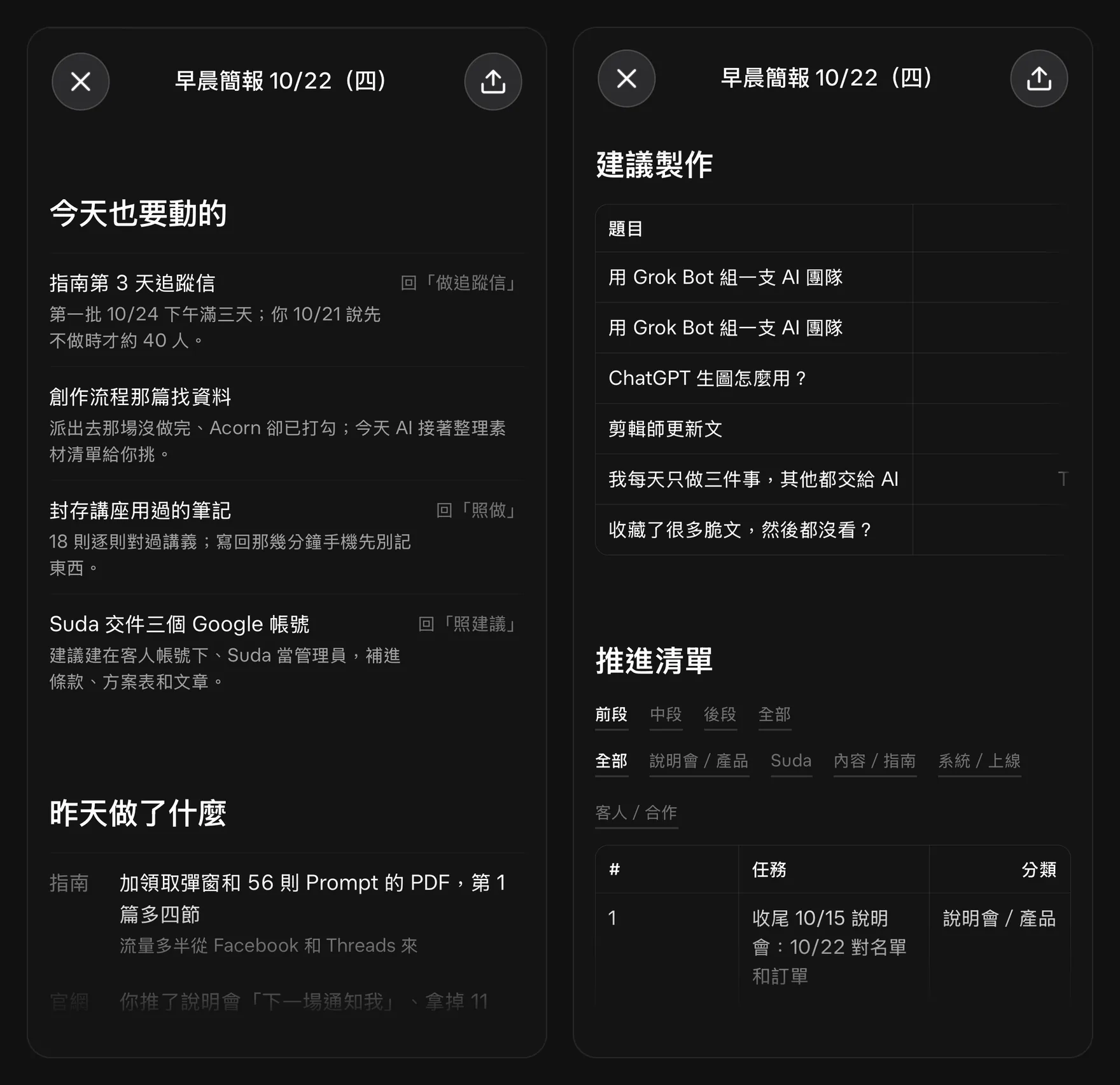 Grok Bot 頁面功能做的早晨簡報,在 iPhone 上打開的兩個畫面:左邊是今天要動的事和昨天做了什麼,右邊是建議製作的題目和可以篩選的推進清單