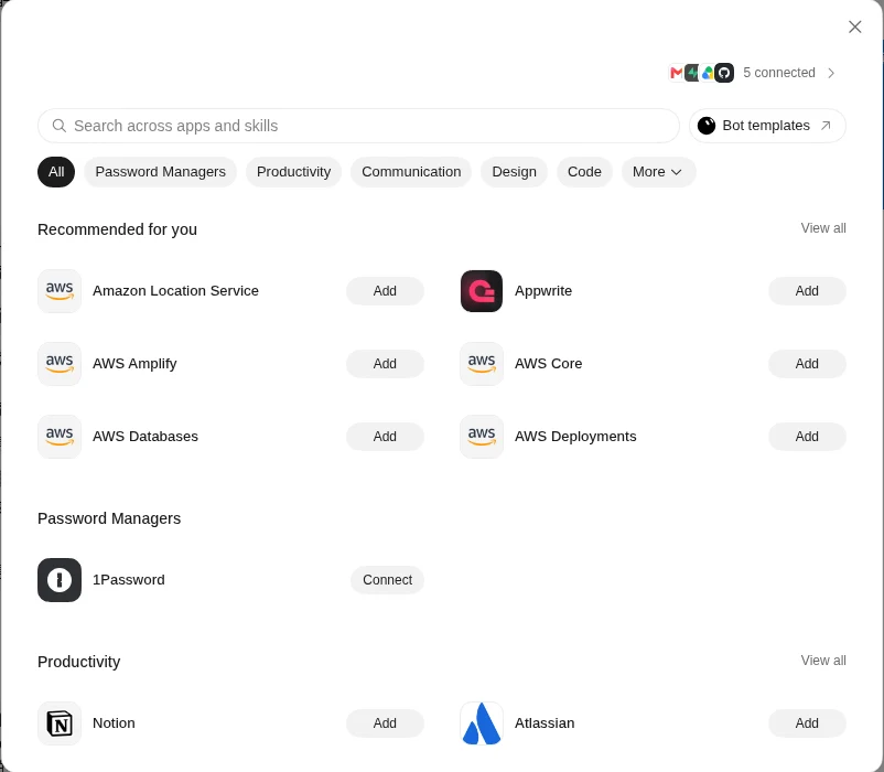 Connect apps 視窗，可搜尋 apps and skills，有 Password Managers、Productivity、Communication、Design、Code 等分類