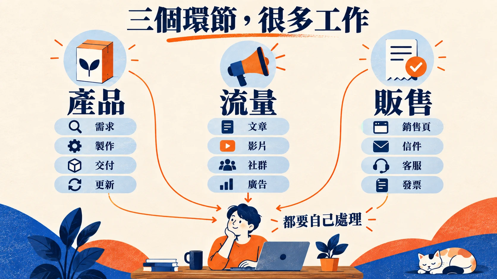 產品包含需求、製作、交付與更新；流量包含文章、影片、社群與廣告；販售包含銷售頁、信件、客服與發票，工作都由一個人承擔。