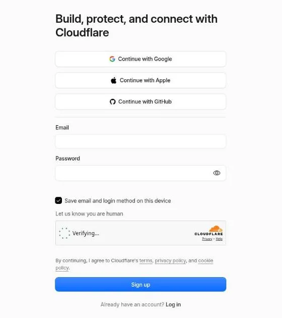 Cloudflare 註冊頁，最上面有「Continue with Google」「Continue with Apple」「Continue with GitHub」三個登入按鈕