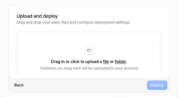 Cloudflare 後台建立應用程式時的「Upload and deploy」畫面，中間是拖曳或點選上傳檔案、資料夾的區塊