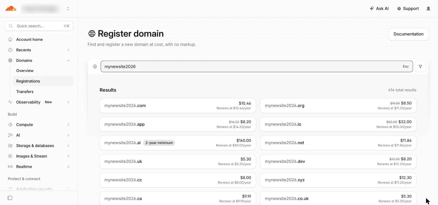 Cloudflare 後台的 Register domain 頁面，搜尋 mynewsite2026 後列出 .com、.app、.dev 等可以買的網域和一年的價格